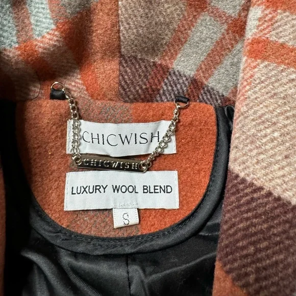 Chicwish Wool Blend Orange Teal Brown Plaid Wrap Coat S - Picture 7 of 8